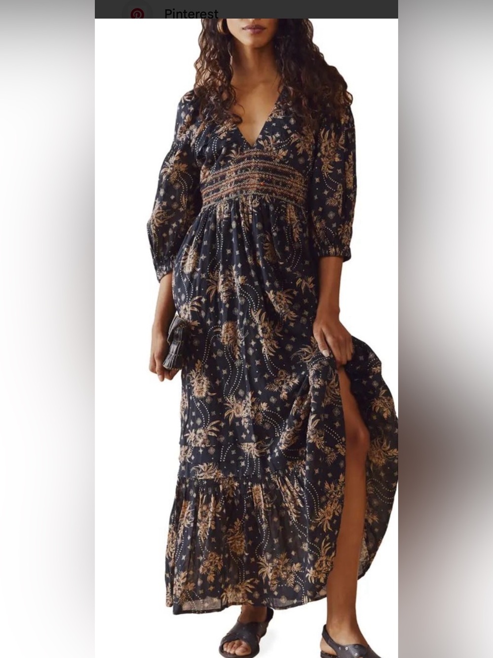 Free People Dress Womens Mediun Floral Maxi V-Neck Smocked 3/4 Sleeve